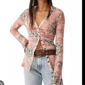 Free People Lucky Shirtee Size XS Pink/Grey long sleeve blouse